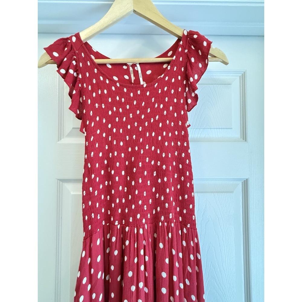 Free People Maxi Dress Women Medium Red Polka Dot Smocked Flutter Sleeve Boho - Picture 2 of 12
